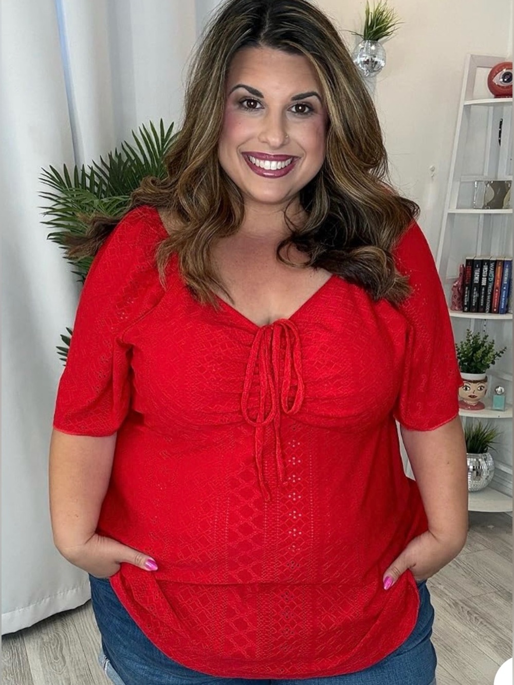 Plus Red Tie-Front Knit Women's Top